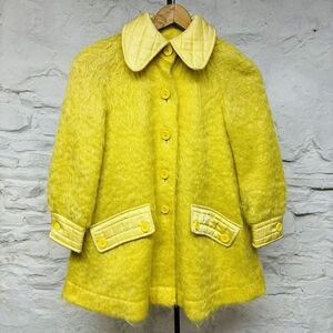 Vintage 1960s 70s Faux Mohair Mod Coat Quilted Collar Lined Japan Yellow Small